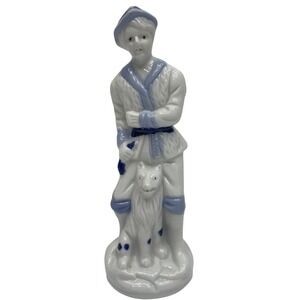 Vintage Porcelain Shepherd Boy Figurine Blue White Dog 6"